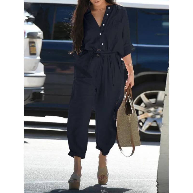 Herbst Neue Baumwolle und Leinen Overall Frauen Einfarbig Lange Ärmel Tasten Hohe Taille Leace-up Casual Vintage Damen Overalls