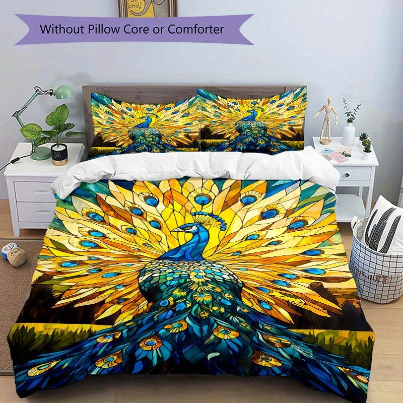 3pcs Peacock StainedGlass Bedding Cover Set, Fashion Classic Popular Print Bedding Set, Soft Comfortable, All Season Use, For Bedroom, Guest Rooma