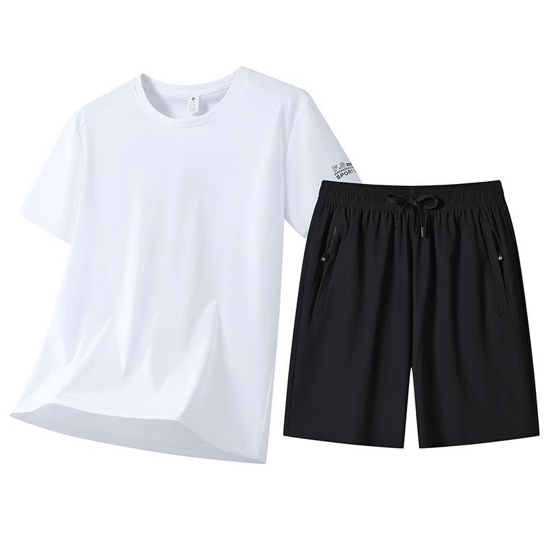 Ice Silk Short Sleeved Suit For Men, Thin, Breathable, Elastic, Cool And Fashionable T-shirt Shorts