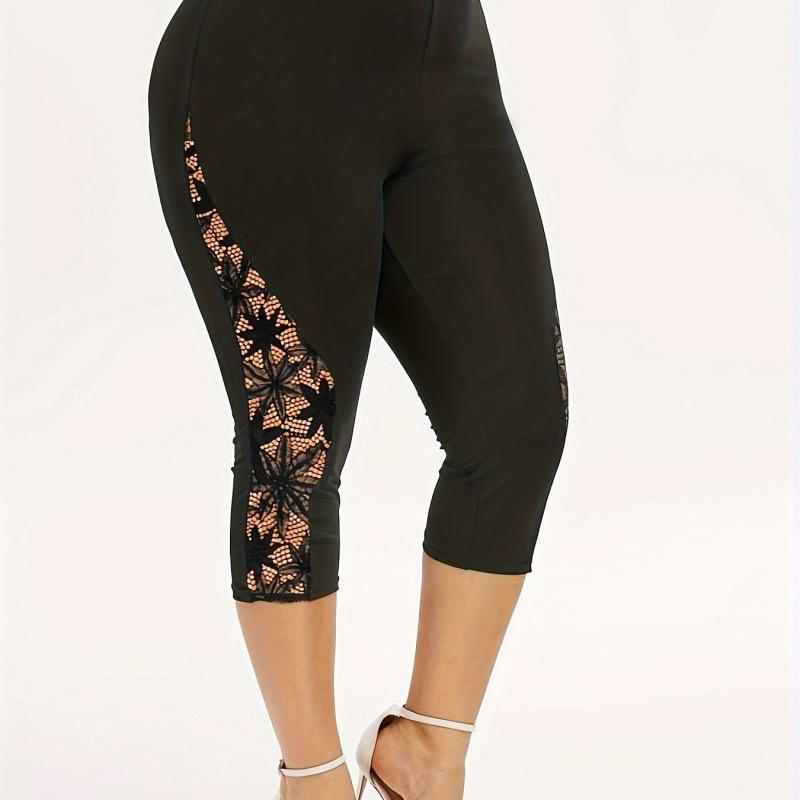 

Lace Paneled Stretch Pants - European and American Style 2XL чёрный