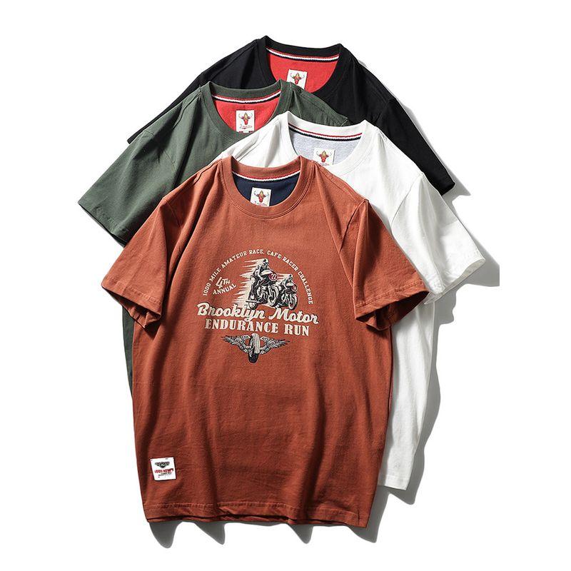 American Retro Niche Pure Cotton Trendy Brand Motorcycle Print Short-Sleeve T-Shirt for Men, Summer Export Men's Clothing, All-Cotton T-Shirt