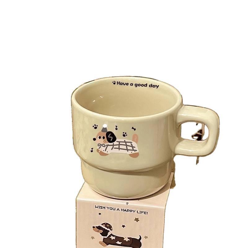 Elegant Dachshund Ceramic Stacking Mugs - Luxury Cartoon Design for Breakfast