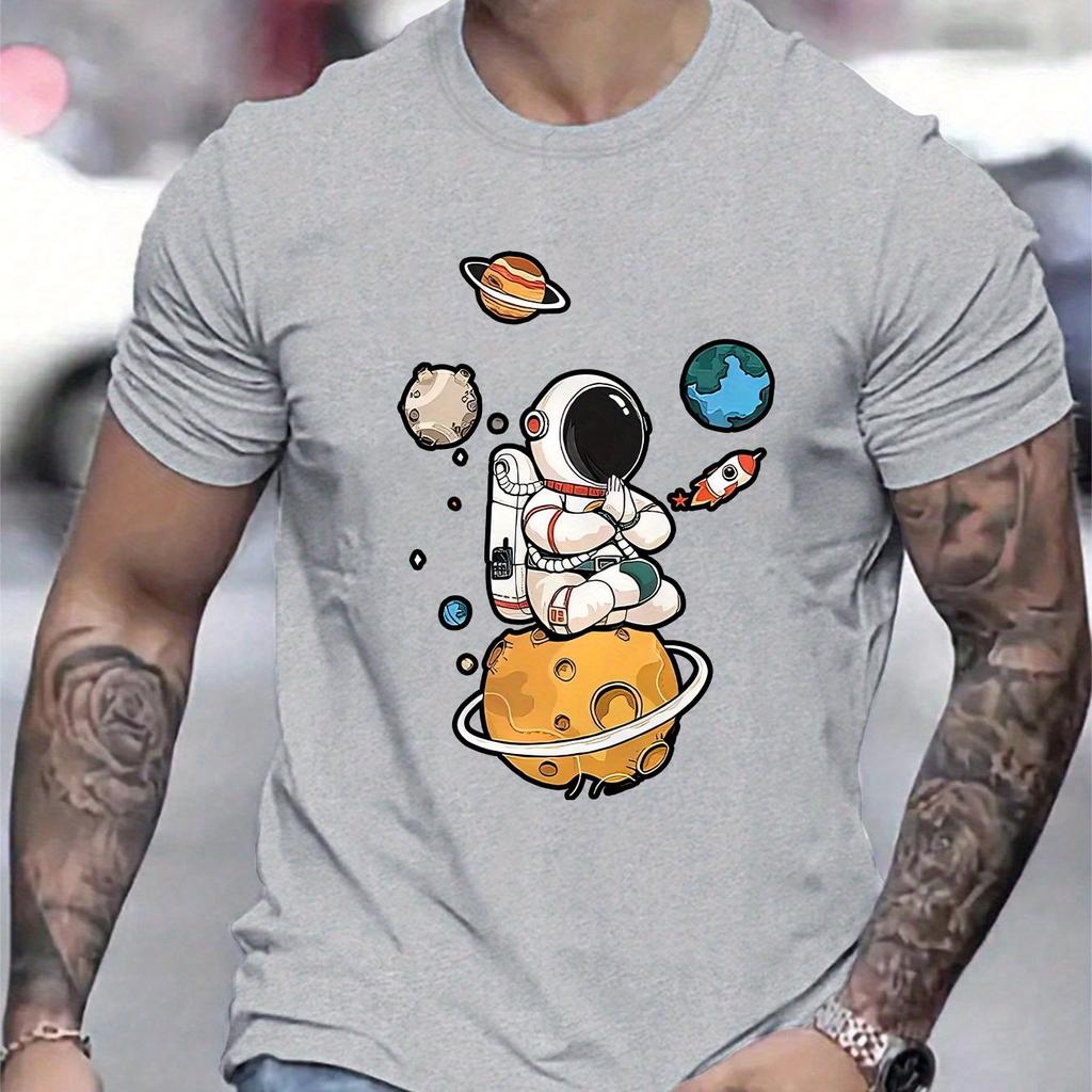 Męska Koszulka Graficzna z Astronautą Casualowy Dekolt Okrągły Krótki Rękaw Oddychająca Poliestrowa Koszulka z Motywem Kosmicznym Odzież Męska