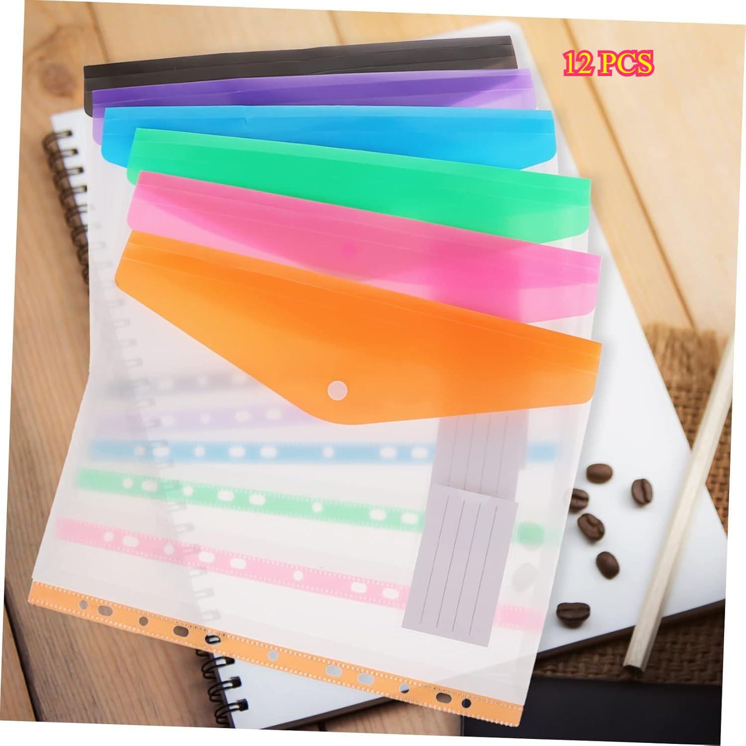 

12Pcs A4 Loose Leaf File Bags, Multi-Color Button Document Organizers, Hole-Punched File Folders for Office School, Essential St