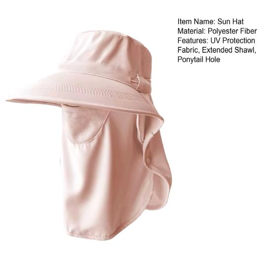 Sun Hat Detachable Face Guard Shawl 3-in-1 Oversized Sun Protection Hat with Anti-UV Fabric Breathable Ponytail Hole Outdoor