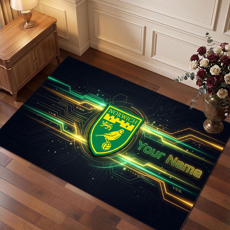 Norwich City Custom Crystal Velvet Rug, Personalized Name Text Print, Football Logo Soft Non‑Slip Floor Mat Home Decor Gift