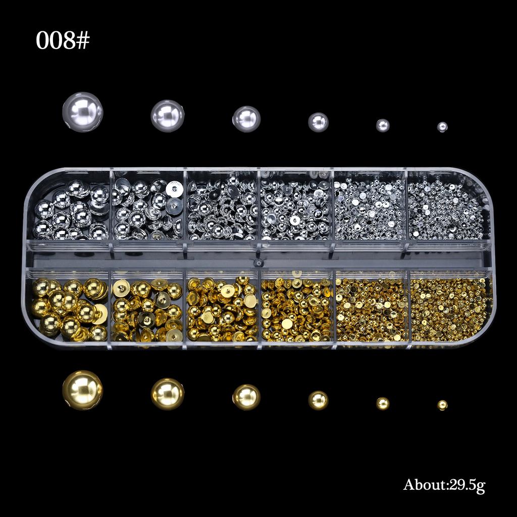 Boxed Half Round Flatback Nail Rhinestones Multi Size Gold Silver Pearls Caviar Nail Art Decorations Gold Beads Ocean Accessorie