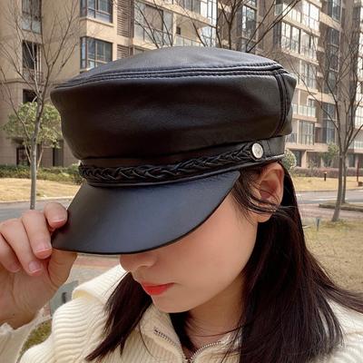 High Quality Genuine Leather Women Military Hat Winter Warm Outdoor First Layer Sheepskin Leather Hat Military Hat Women
