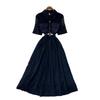 French light mature style black lapel lace dress women's summer short-sleeved straps waist and thin A-shaped long dress