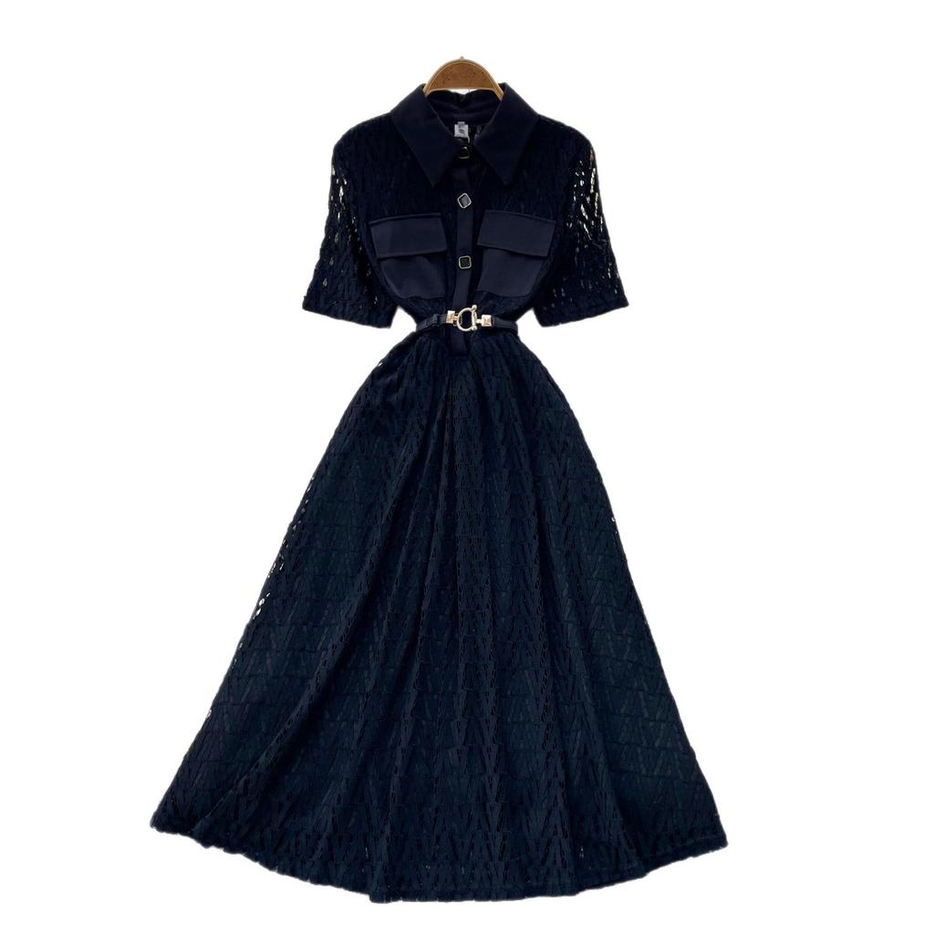 French light mature style black lapel lace dress women's summer short-sleeved straps waist and thin A-shaped long dress