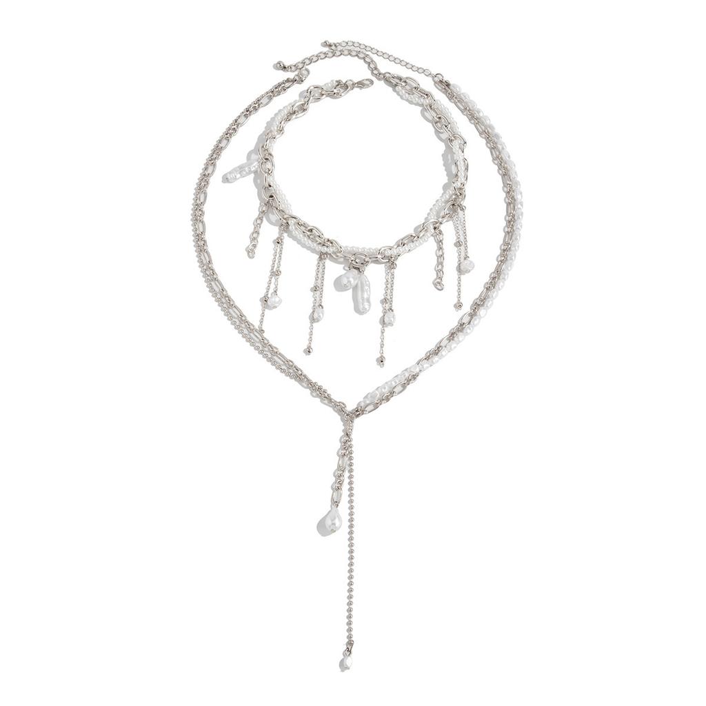 2Pcs/Set Bohemia Imitation Pearl Long Tassel Pendant Choker Necklace for Women Chest Chain Wedding Neck Jewelry Accessory