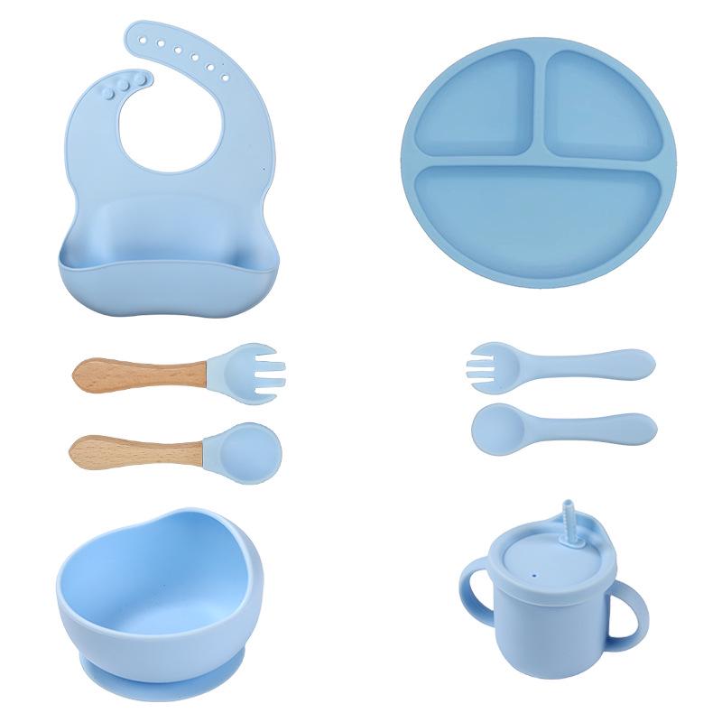 Silicone Baby Feeding 8-Piece Tableware Set with Compartment Plate