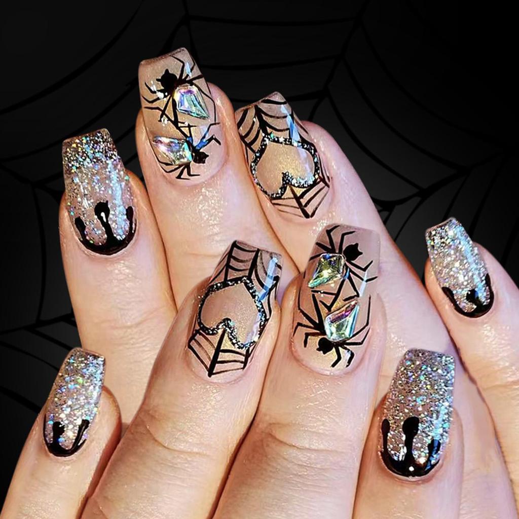Halloween Aufklebe-Nägel Quadratische Falsche Nägel Acrylnägel Spinnennetz Falsche Nägel Aufklebenagel Vollständige Abdeckung Falscher Nagel