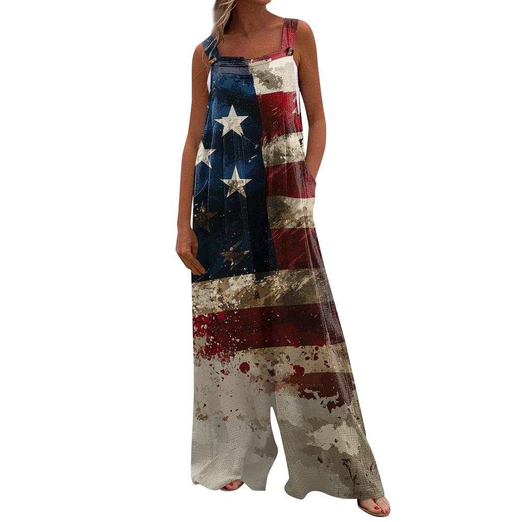 Damenmode Strampler Print Lässig Lose Vintage Overalls Mit Taschen