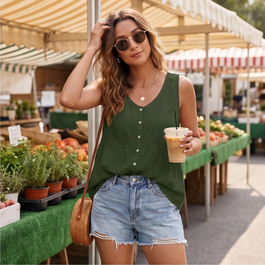 Women’s V Neck Button Front Sleeveless Loose Fit Casual Summer Blouse Top Relaxed Style Lightweight Comfortable Shirt