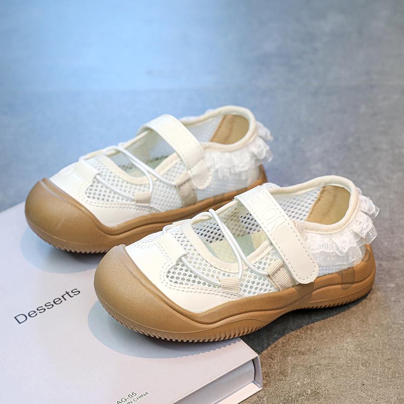 Girls Casual Shoes Toes Capped Air Mesh Breathable Kids Princess Shoes Hook&loop 2025 Summer New Children Flat Shoes Lace Sweet