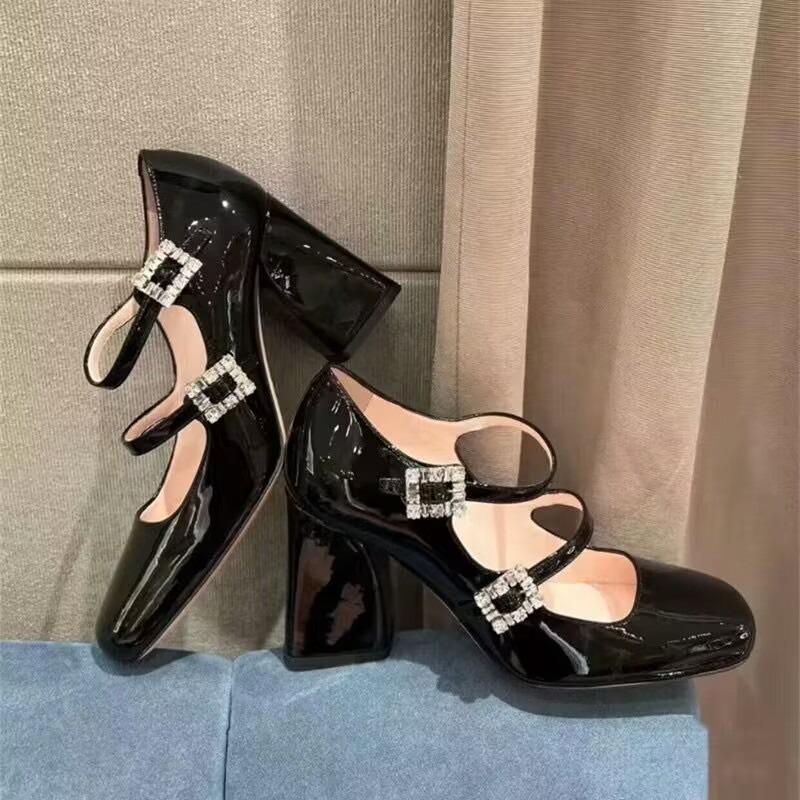 New Style Mary Jane Chunky Heels Women's Square Head High Temperament Line with Rhindiamonds Patent Leather Professional Shoes