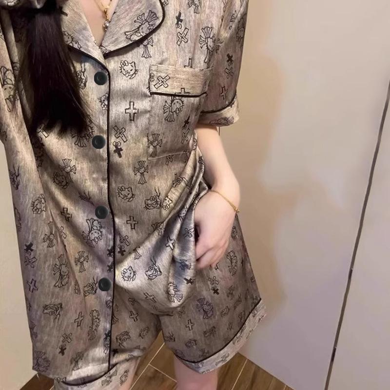 

Light Luxury Ice Silk Short-Sleeved Pajamas Women S Suit Summer Cartoon Cool Black Fashion Silk Loungewear 2XL