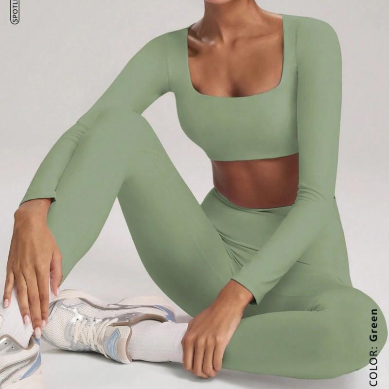5-Color Solid Long Sleeve Yoga Set Women With High-Waisted Tapered Leggings Quick-Dry Stretch Fitness Outfit