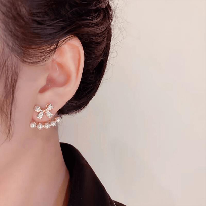 French Romantic Two-Way Beaded Bowknot Earrings with Crystal and Faux Pearl