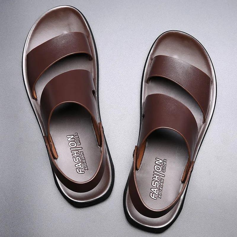 

Korean version of genuine leather slippers men s one-word sandals non-slip soft-soled beach shoes men s trendy outdoor slippers 44