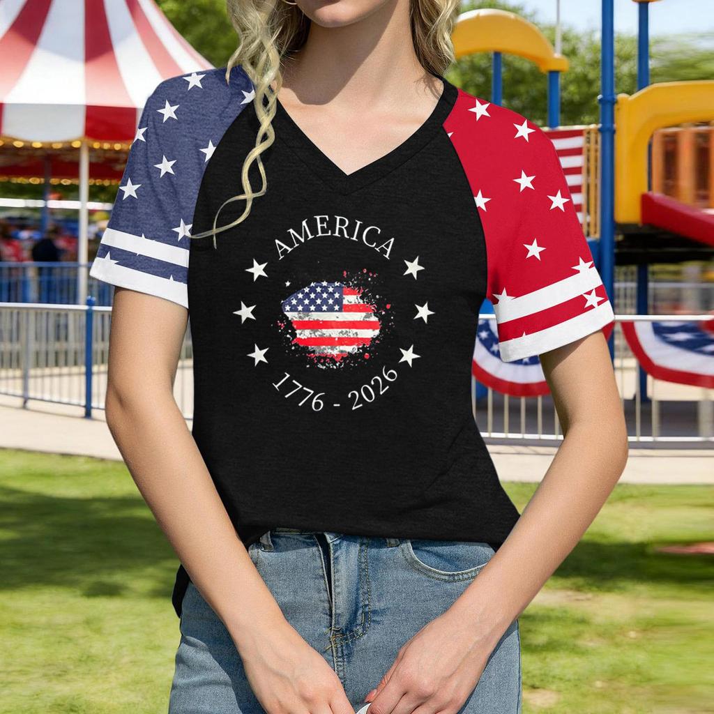 Damen Lässiges V-Ausschnitt Kurzarm Pullover T-Shirt Unabhängigkeitstag Grafikdruck Oberteil Locker Geschnitten Bequem Sommer T-Shirt