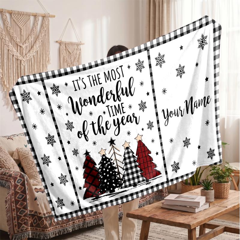 Christmas Custom Name Printed Flannel Blanket Warm Comfort Bed Throw Home Decor Holiday Gift
