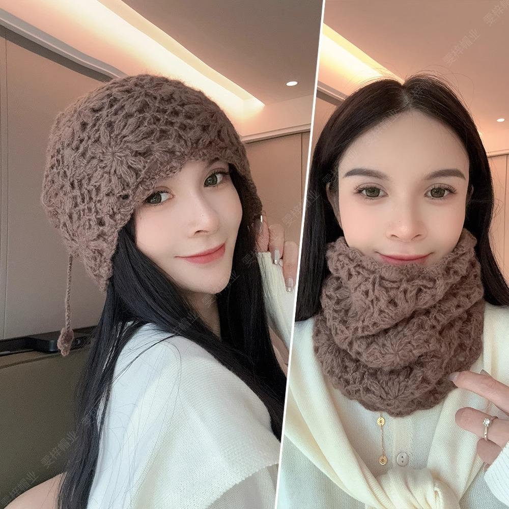 Autumn and winter one hat dual-purpose hollow scarf star warm pile cold hat big head circumference knitted wool hat