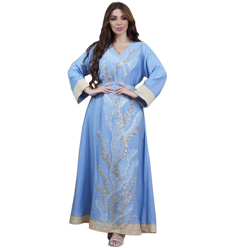AB330 Sequin Embroidered Abaya: Elegant Middle Eastern Women's Home Leisure Wear