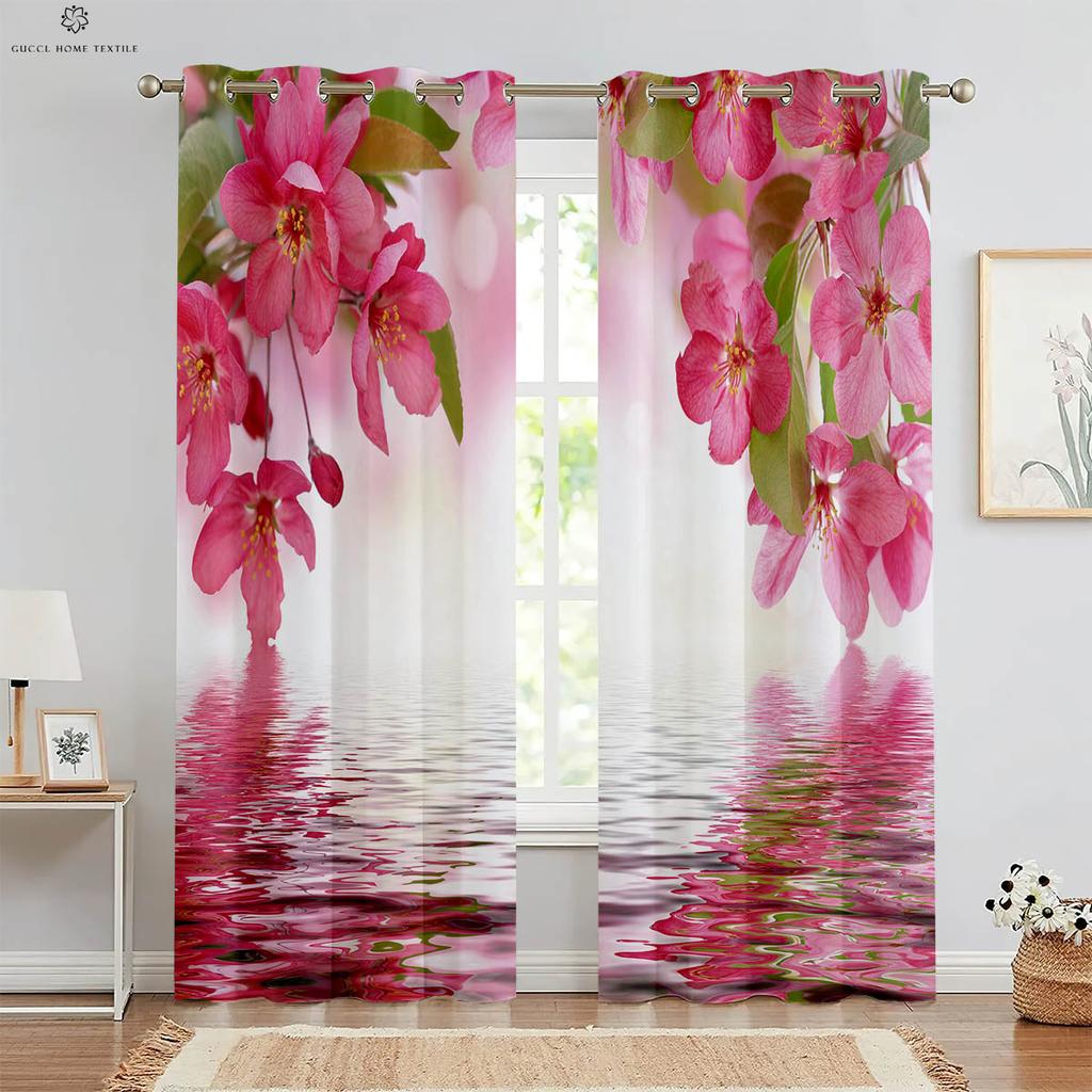 Set Of 2 Window Curtains Flowers Water Printing Kitchen Bedroom Study Living Room Decorative Curtain For Made Polyester