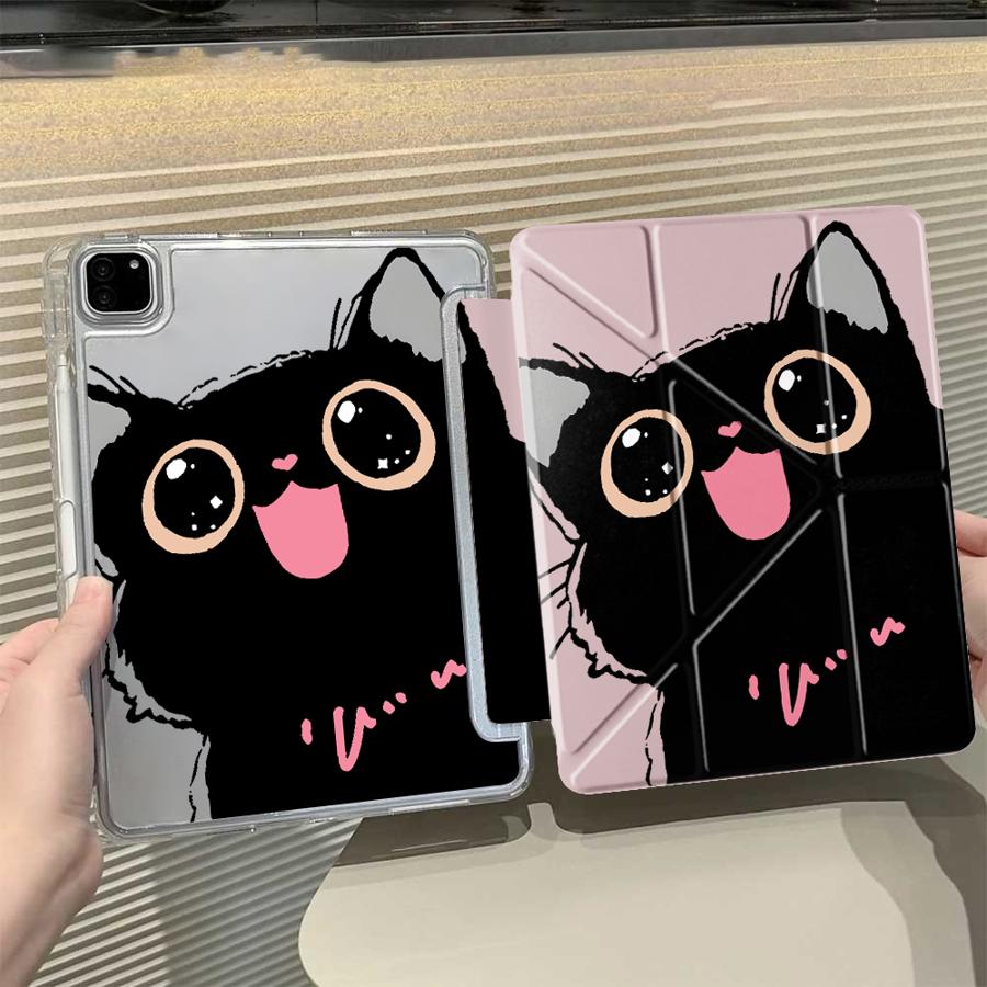 Cute Little Black Cat Y-Fold Holder Cover Tablet Case For iPad Pro 2025 Mini 6 7 Air 4 5 M3 M2 1 2 M4 11inch Pro 11th 10th 9th