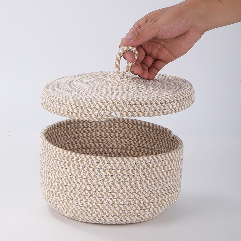 Panier de rangement rond en corde de coton avec couvercle - Organisateur polyvalent pour snacks, œufs et articles divers
