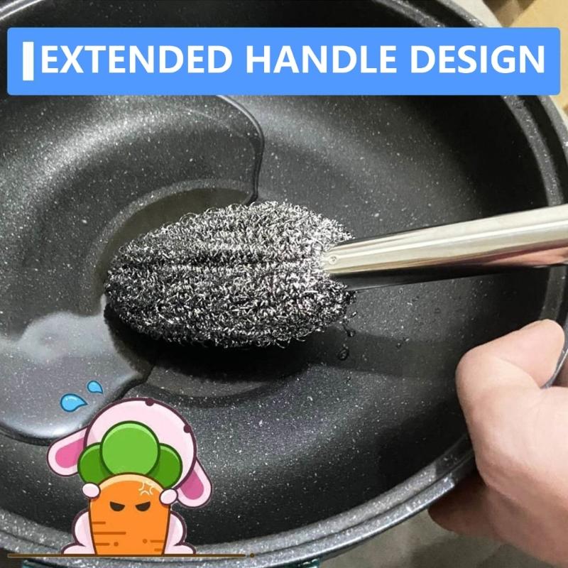 Ergonomic Long Handle Stainless Steel Scouring Ball Brush Random Color Suitable for Easily Kitchen Surfaces Cleaning