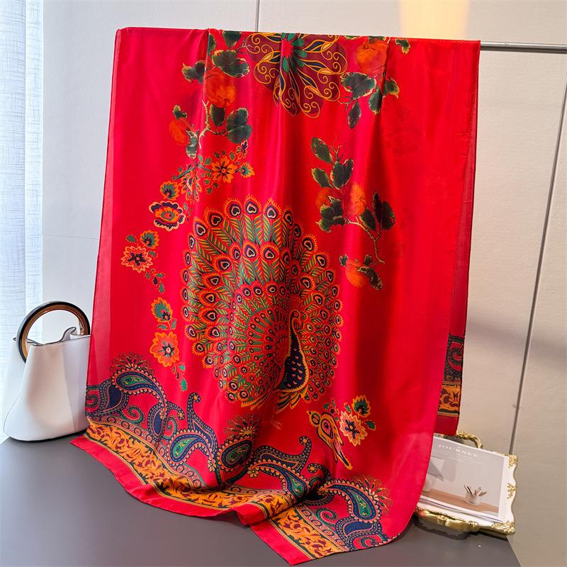 Spring And Summer Thin Peacock Simulation Silk Brocade Fashion Silk Scarf Long Scarf Silky Print Shawl Versatile Headscarf Scarf