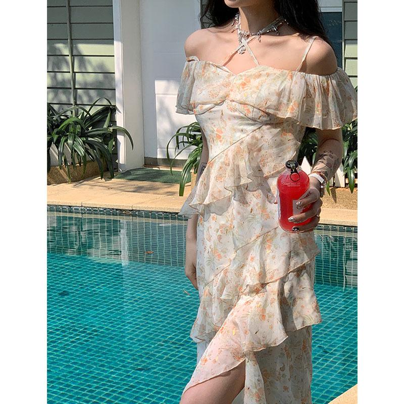 Floral suspender dress female sweet wind romantic irregular chiffon short sleeve long skirt