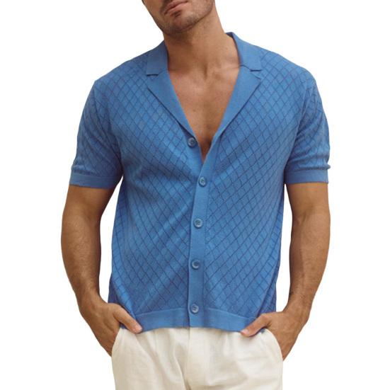 Herren-Jacquard-Strickhemd, kurzärmelig, Button-Down-Oberteil mit kubanischem Kragen, Rautengittermuster, Freizeithemd für den Alltag, Partys, Reisen