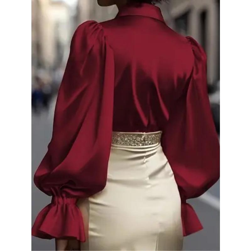 TIFICY Women's Fashion Casual Spring Autumn Solid Color Print Long Sleeve POLO Neck Blouses & Shirts