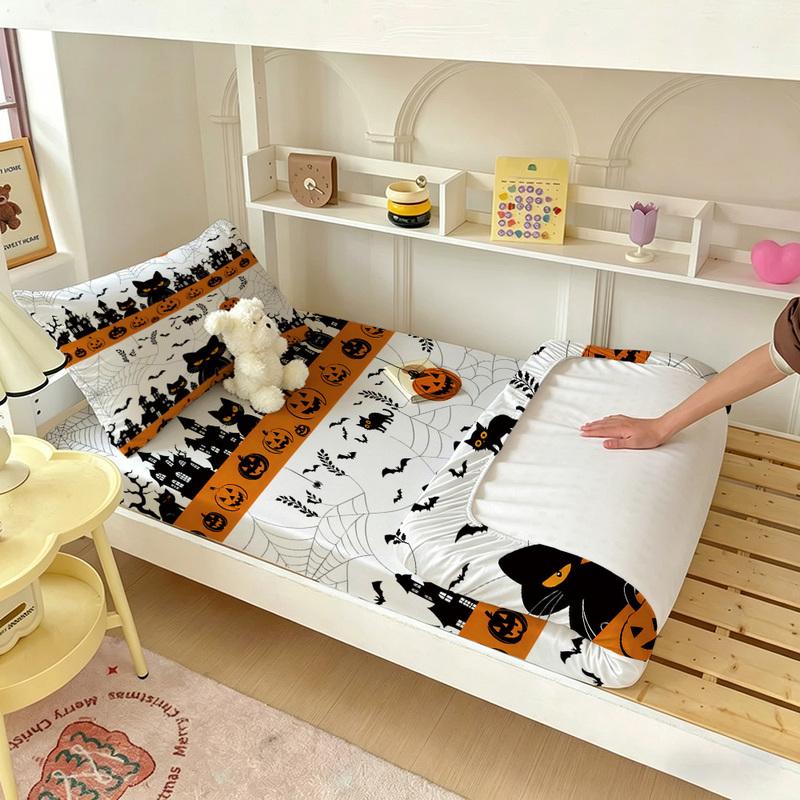 Halloween Spider Web Black Cat Pumpkin Fitted Sheet 3PCS Set Spooky Bedding Set 1 Fitted Sheet + 2 Pillowcases