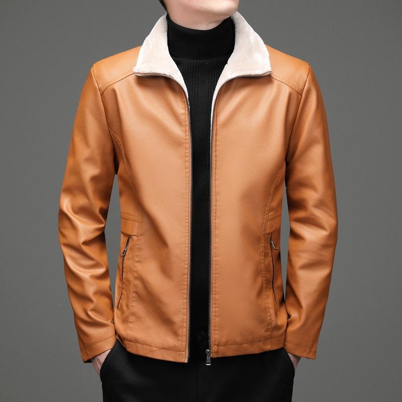Fleece thickened locomotive trendy men's leather jacket winter fashion warm casual leather jacket men