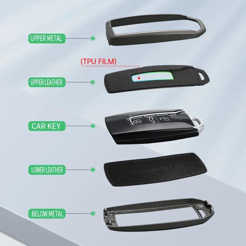 Interior Mouldings Zinc Alloy+PU Leather Car Key Case Cover For VW Volkswagen Touareg 2018 2019 2020 2021 2022 2023 3 Buttons Re