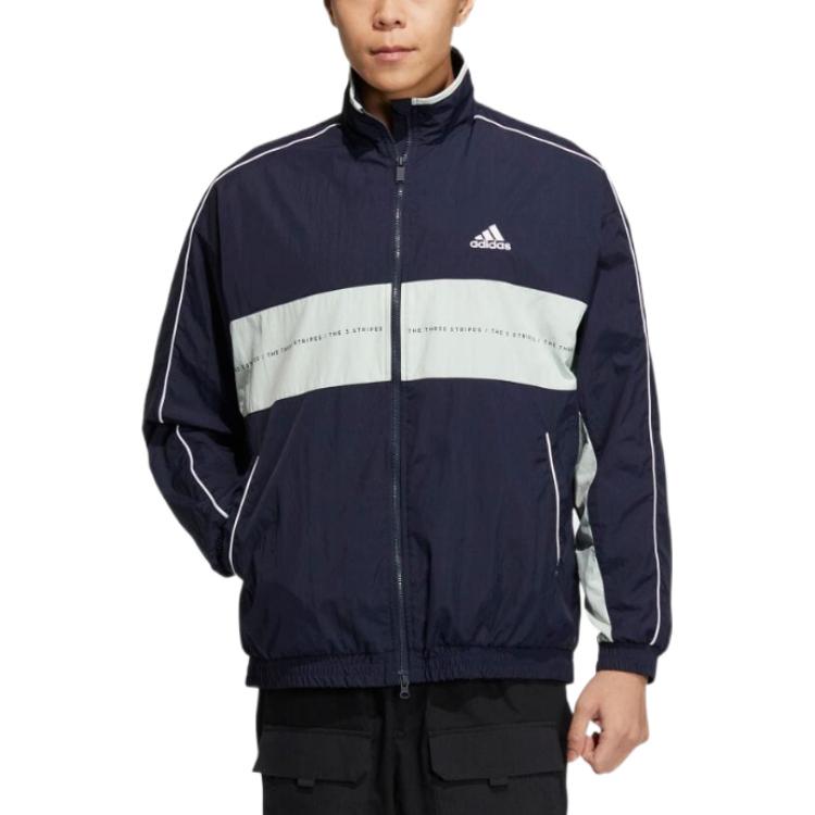 Adidas Embroidered Logo Patchwork Block Zip Jacket Unisex Outerwear Navy-Blue IA9428