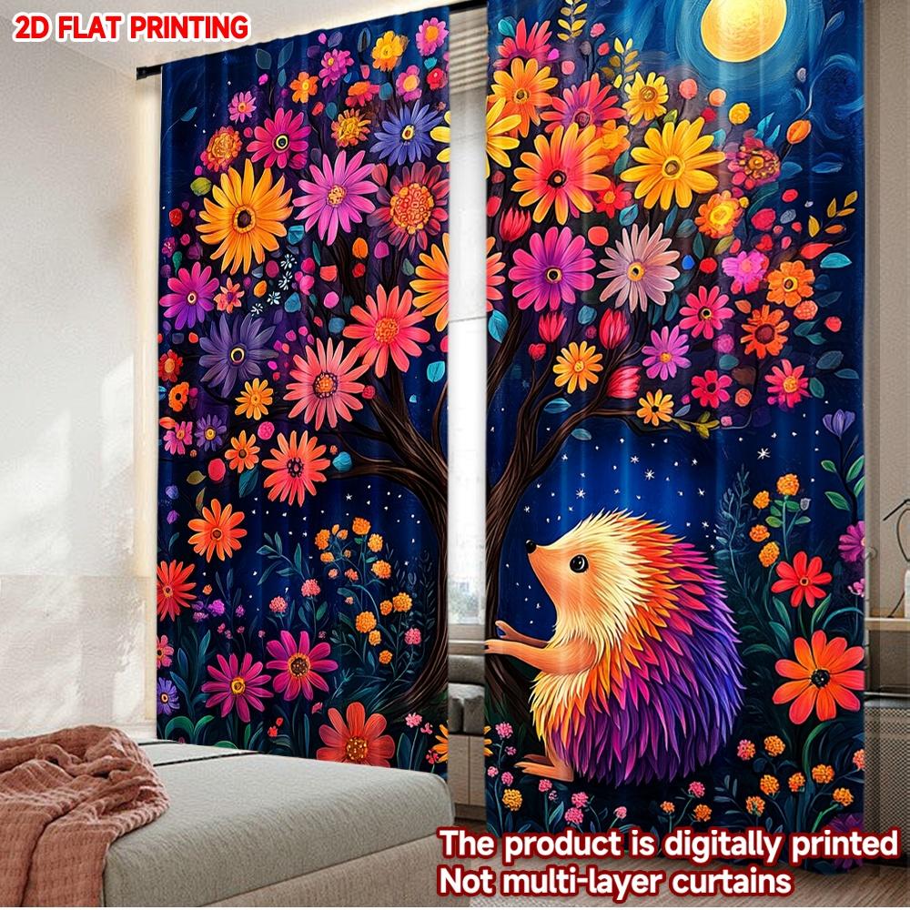 2D flat printing 2pcs Curtain Curtains Moonlit Hedgehog Beneath Flowers Digital Printed Polyester Drapes Festive Holiday Perfect