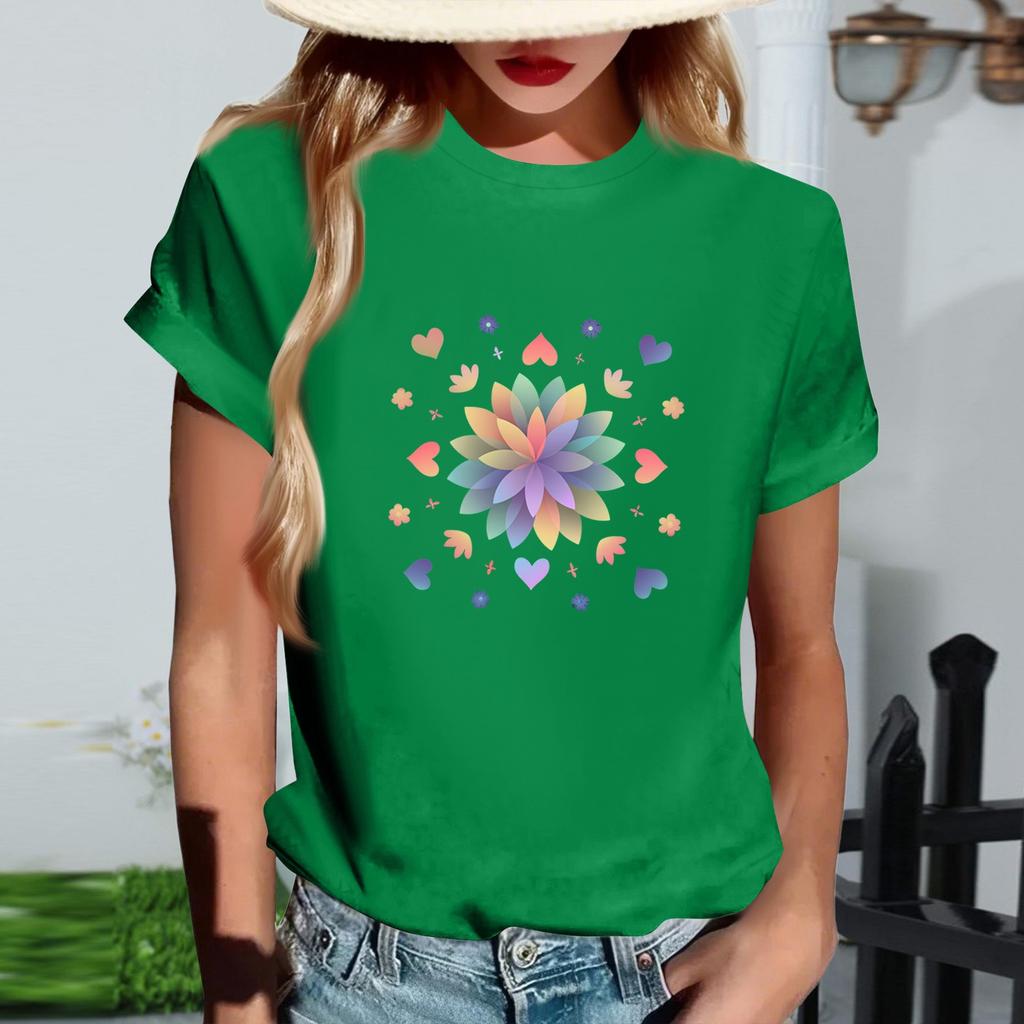 Women's Fashionable Round Neck Casual Retro Print Short Sleeved T-shirt Top