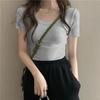 New Spring and Summer Solid Color Versatile Short-sleeved T-shirt Top for Women's Front Shoulder Thread Round Neck Slim