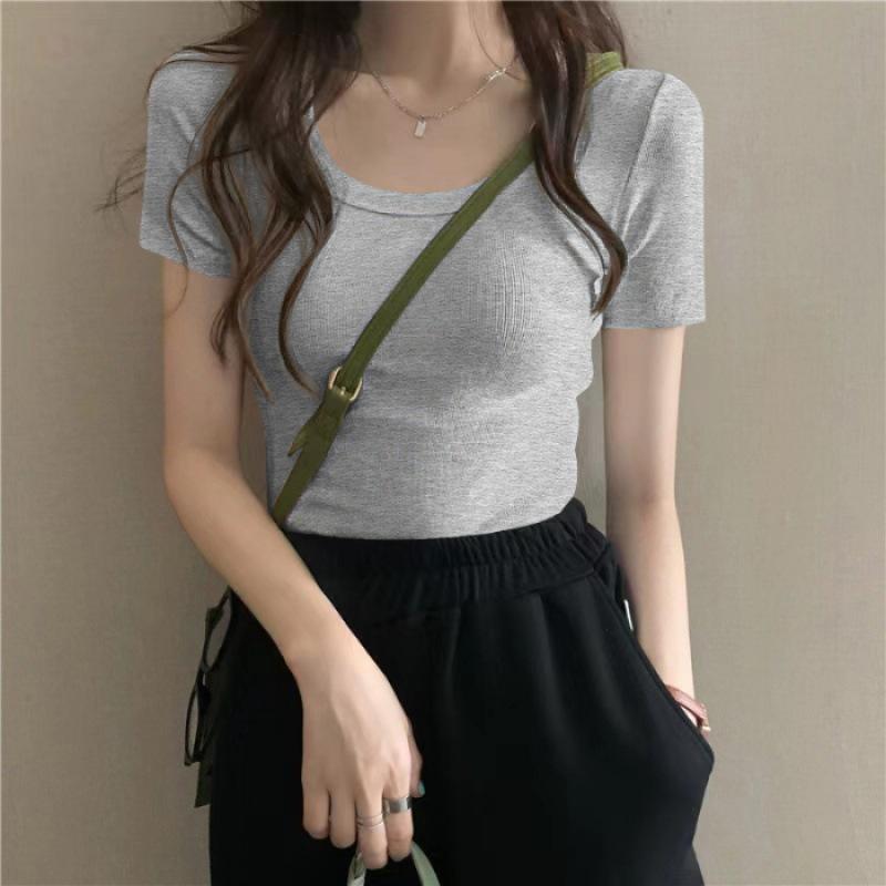 New Spring and Summer Solid Color Versatile Short-sleeved T-shirt Top for Women's Front Shoulder Thread Round Neck Slim