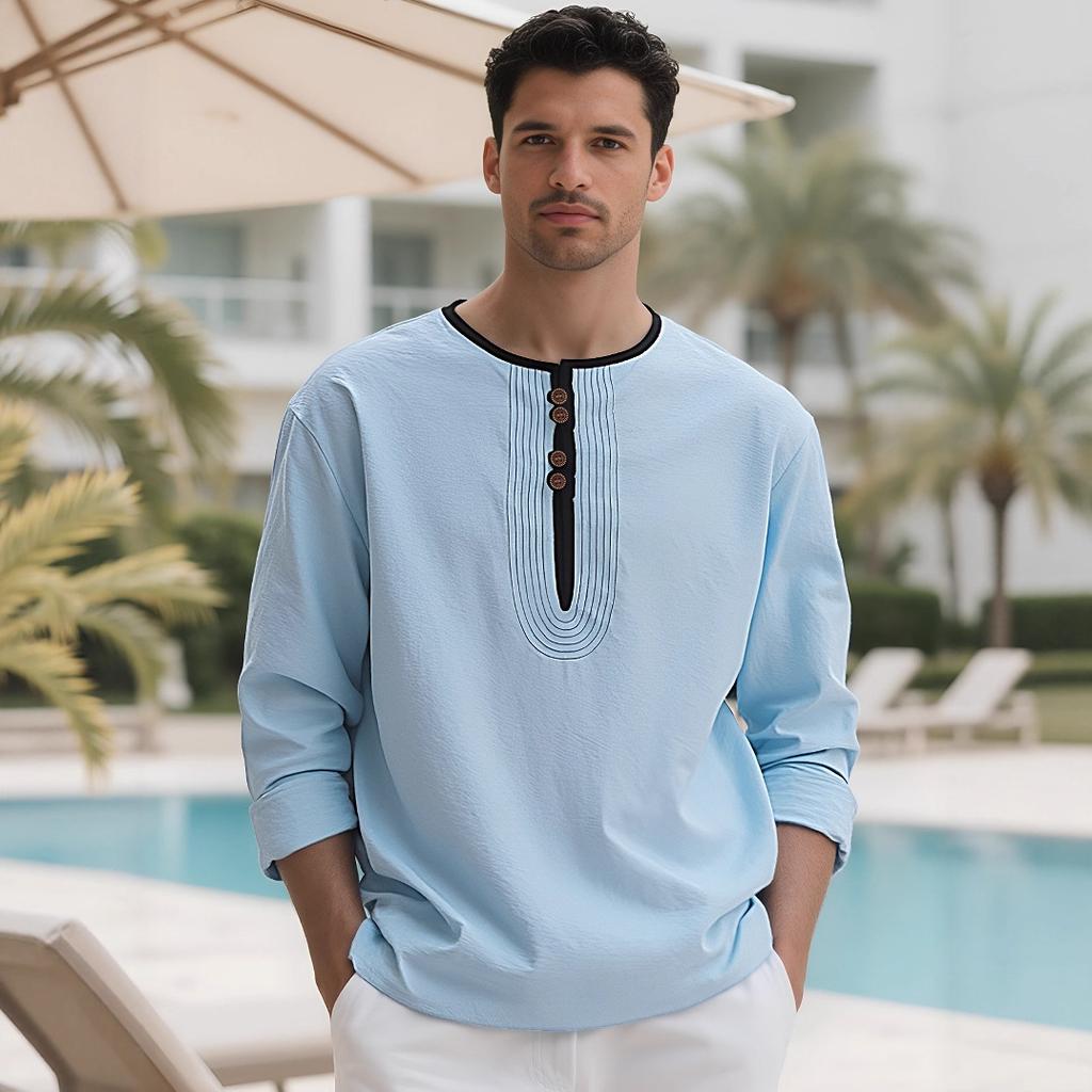 Henry collar European and American men's clothing solid color linen loose casual sports long-sleeved t-shirt