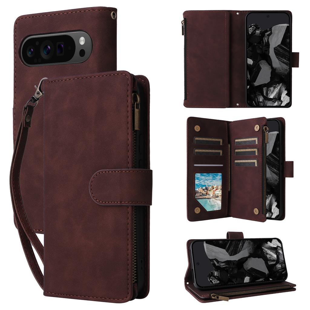 For Google Pixel 10 Pro XL/9 Pro XL Case Zipper Wallet Multiple Card Slots Leather Phone Cover with Wrist Strap