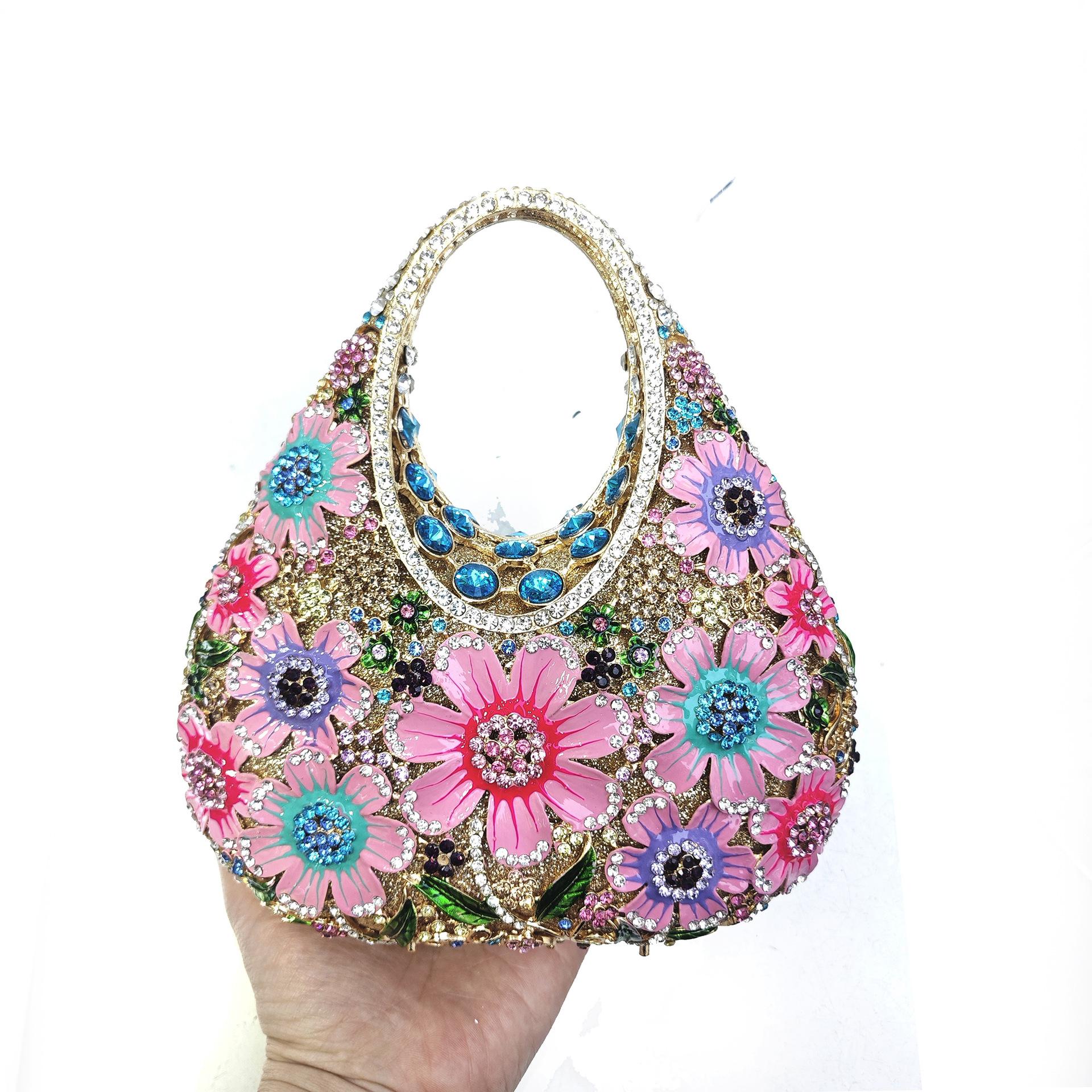 Crystal Bags Diamond Drip Oil Flower Dinner Bag Banquet Hollow Diamond Handle Women s Bag розовый
