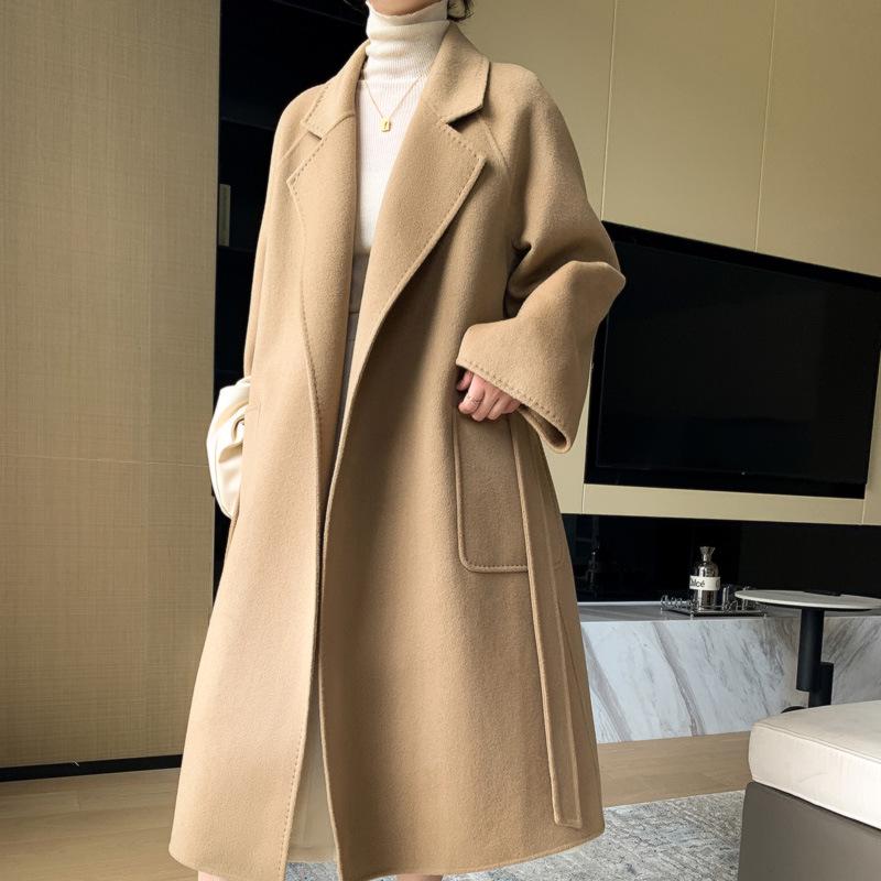 Damenwollmantel doppelseitig mit Bindegürtel: Herbst/Winter, 100% Wolle, Überknielang, Lockere Passform