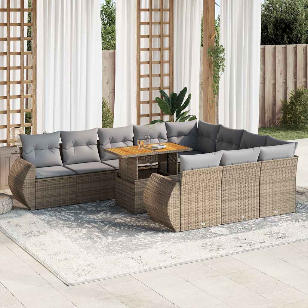 Vidaxl 11-Cz. Garden Furniture Set With Cushions, Beige, Poly Rattan